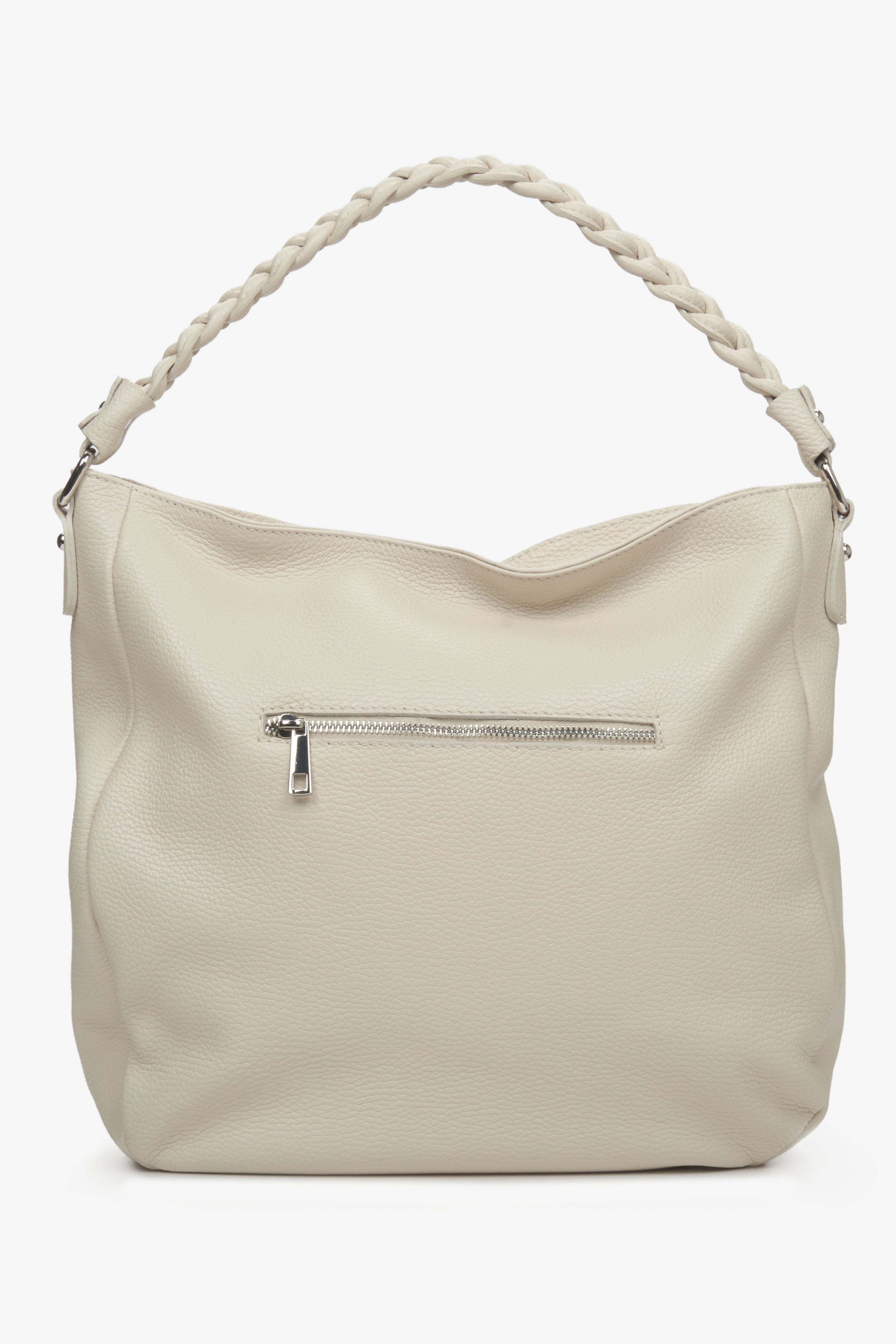 Women's light beige leather handbag of big size - reverse.