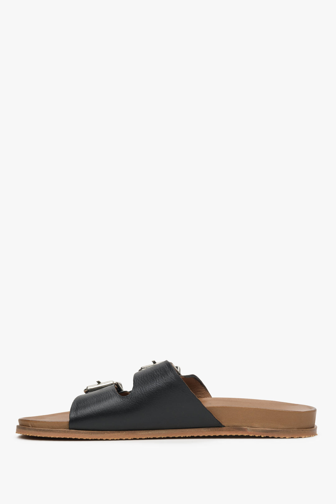 Women's black leather Estro slide sandals with thick straps - shoe profile.