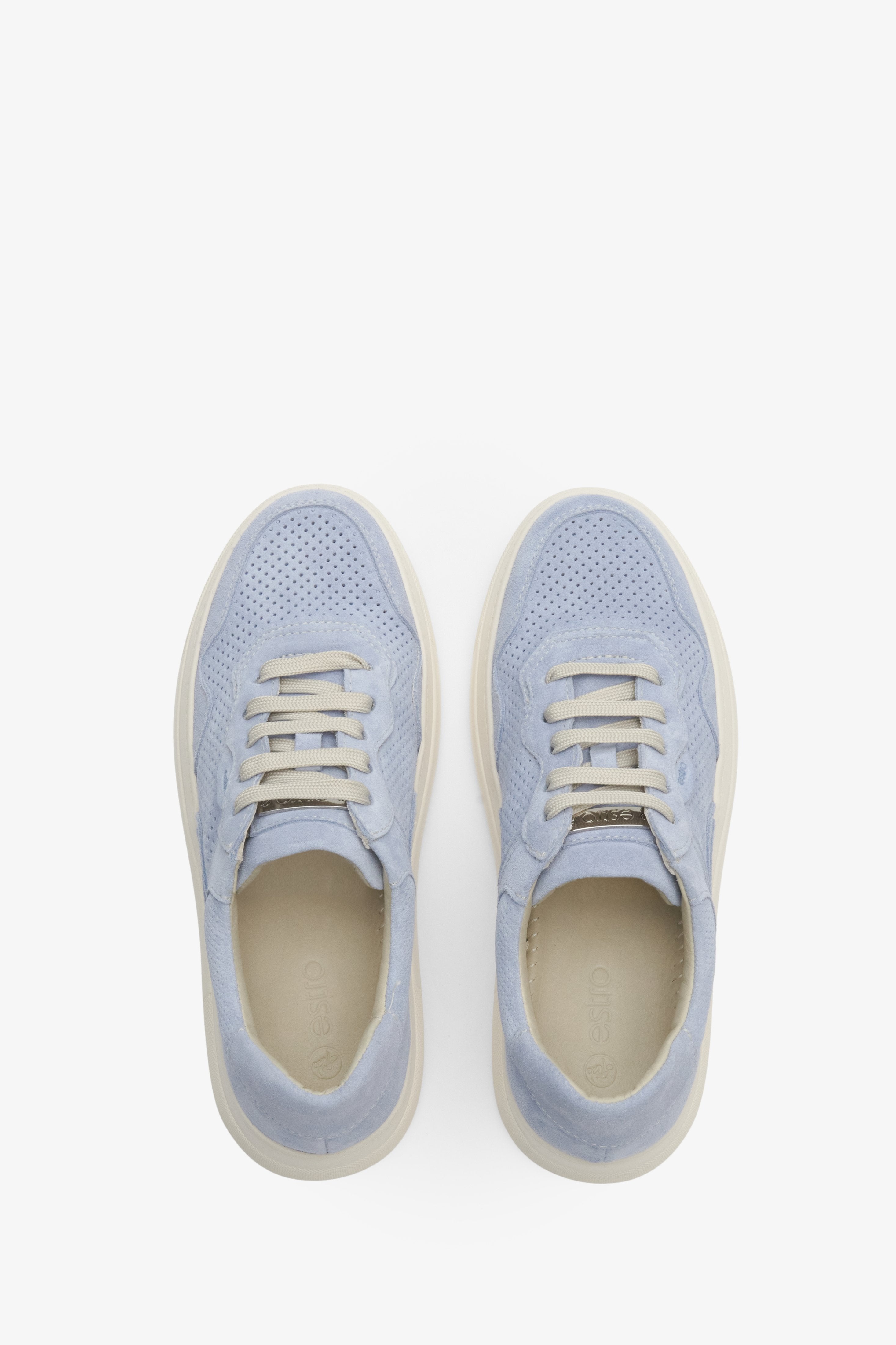 Light blue Estro women's natural suede sneakers for summer - shoe presentation from above.