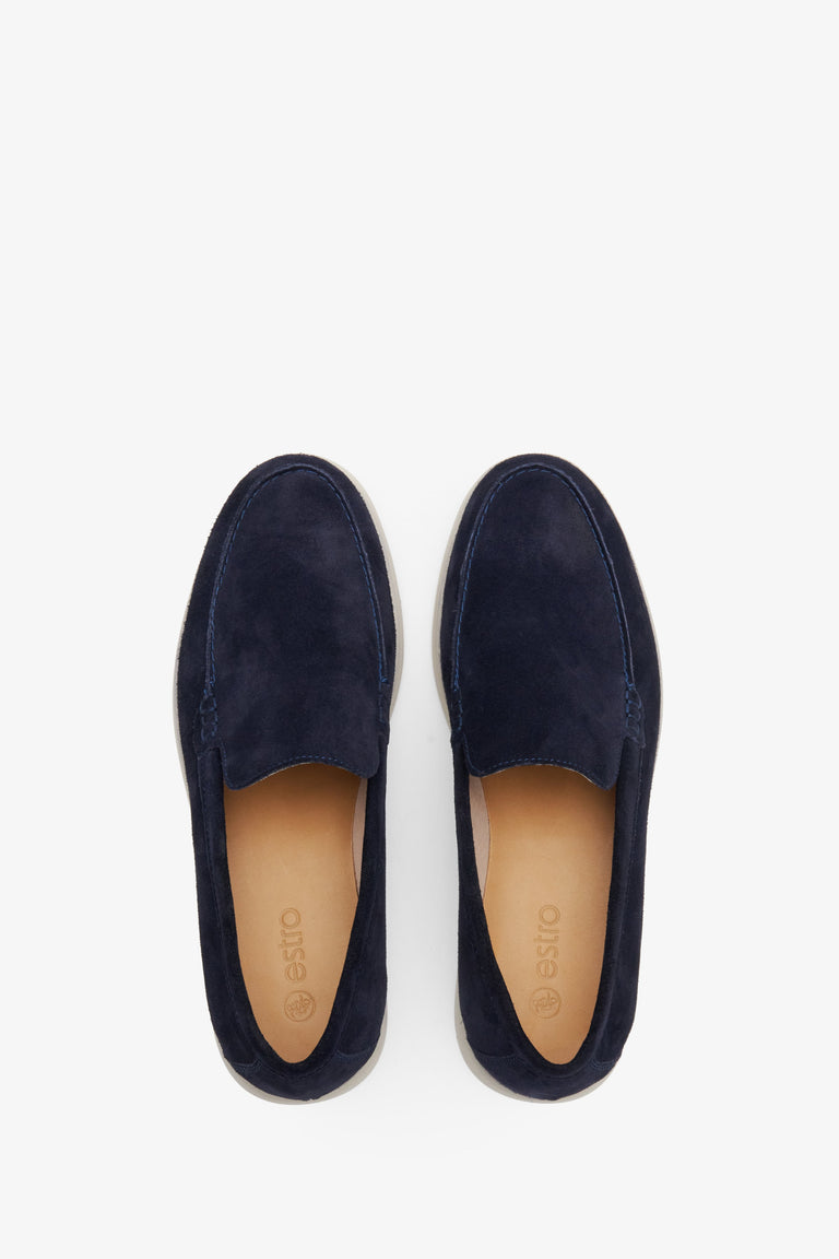 Navy Blue men's loafers for spring from Estro natural velvet - presentation of footwear from above.