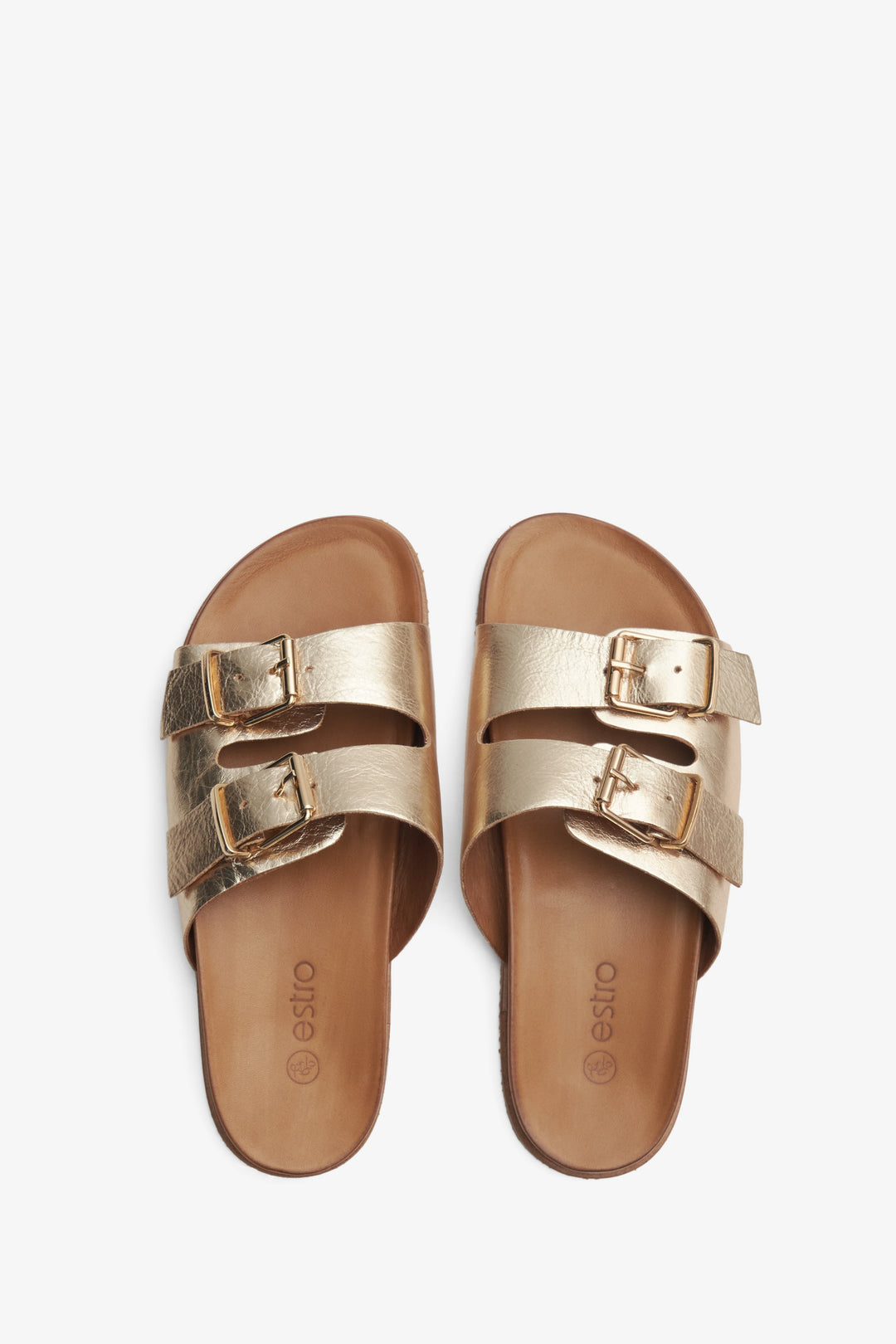 Women's gold Estro slide sandals made of Italian natural leather - presentation of shoes from above.
