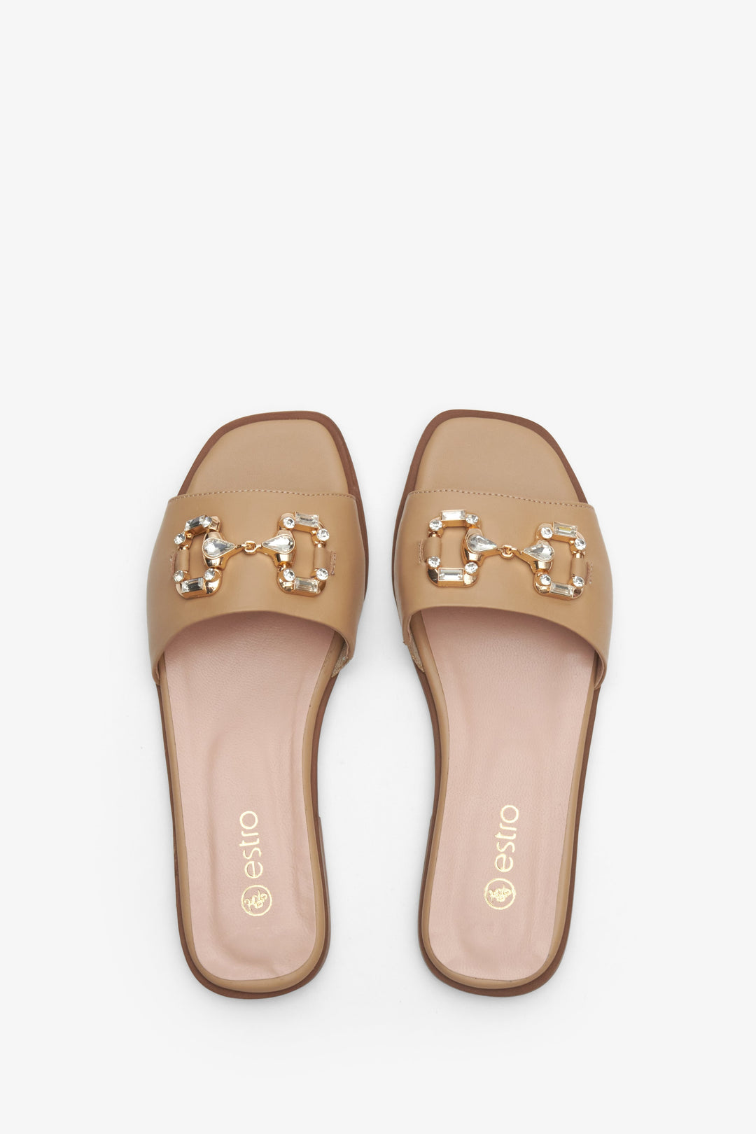 Beige flat sandals with gold ornament Estro.