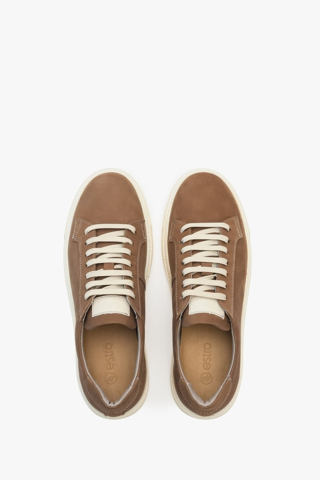 Men's Estro soft, natural nubuck sneakers in brown - shoe presentation from above.