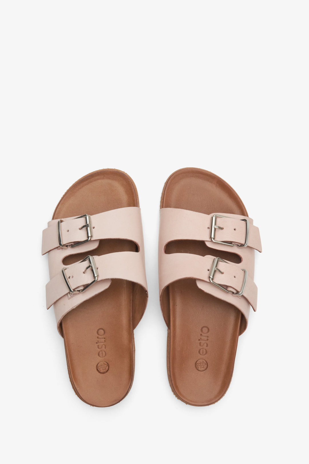Women's pastel pink Estro slide sandals made of Italian natural leather - presentation of shoes from above.