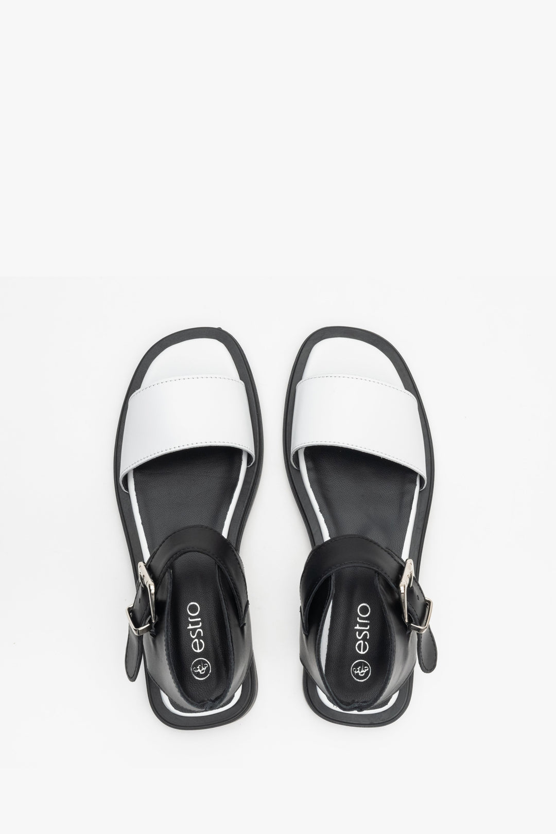 Soft sandals for women made of Italian natural leather in black and white Estro: presentation of the model from above.