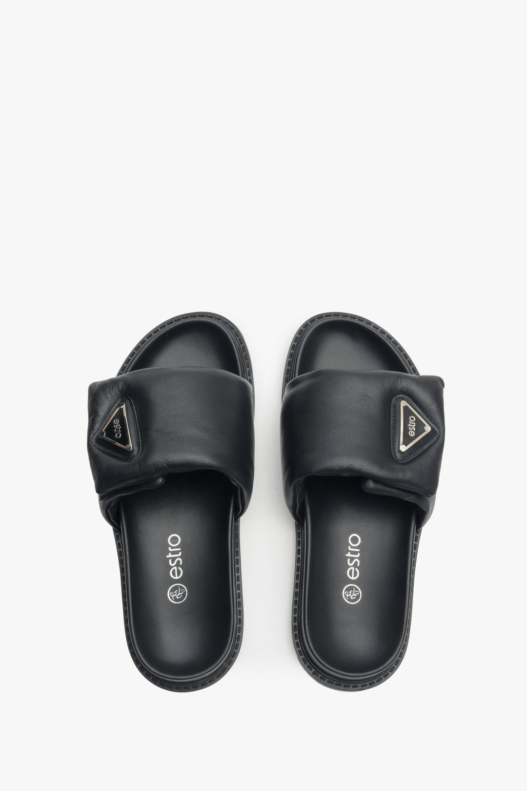 Elegant and comfortable black women's slides made of natural, Italian leather designed by Estro.