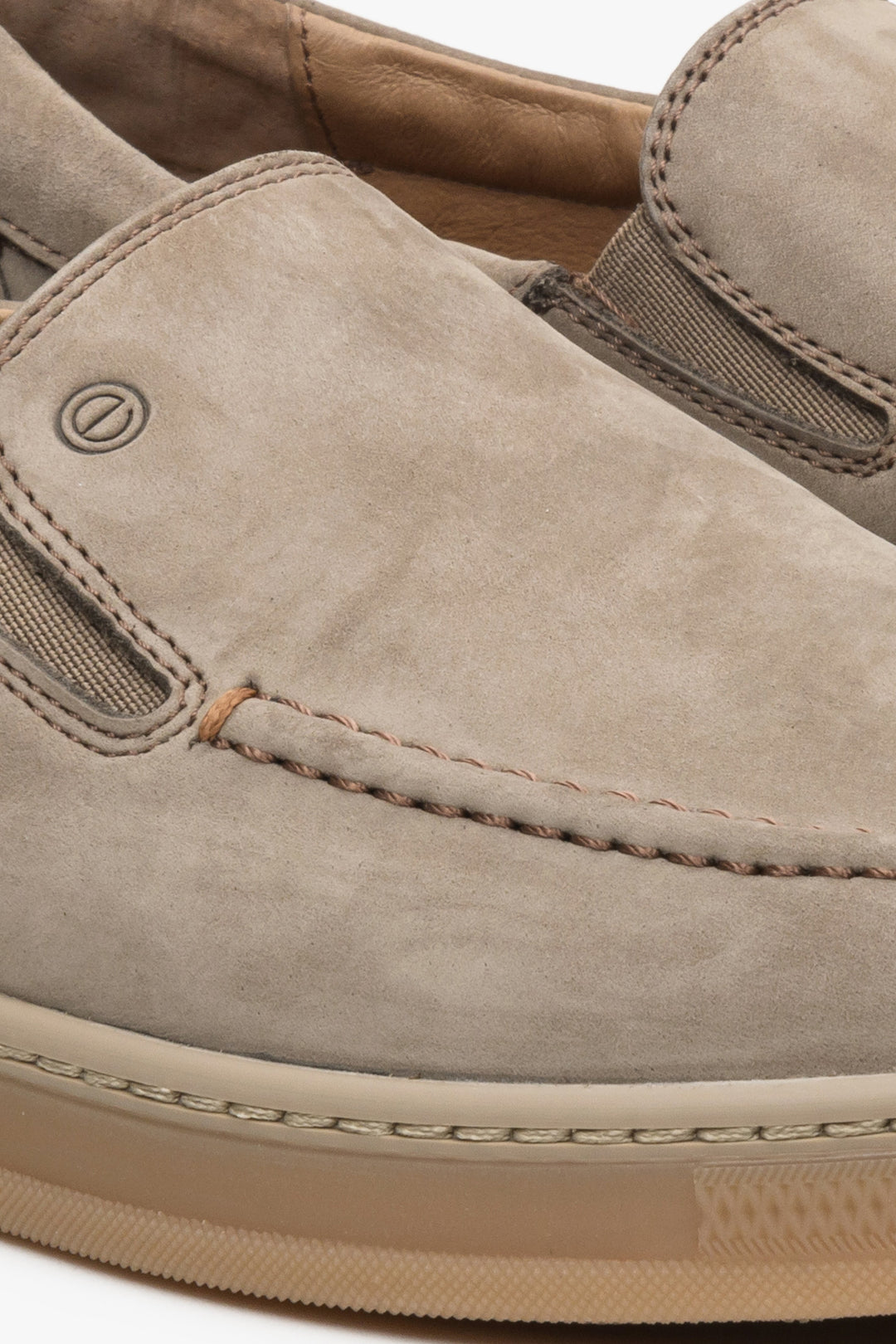Brown nubuck Estro men's slip-on loafers - close-up of the stitching system.