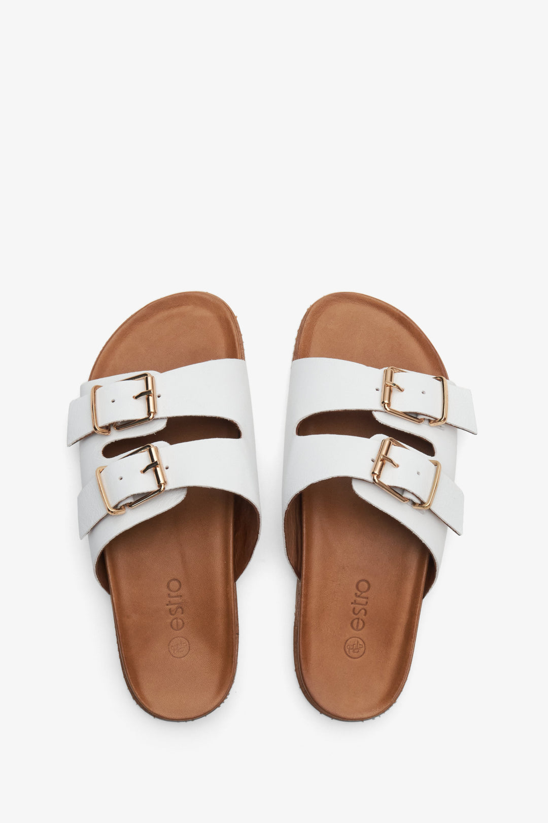 Women's white Estro slide sandals made of Italian natural leather - presentation of shoes from above.