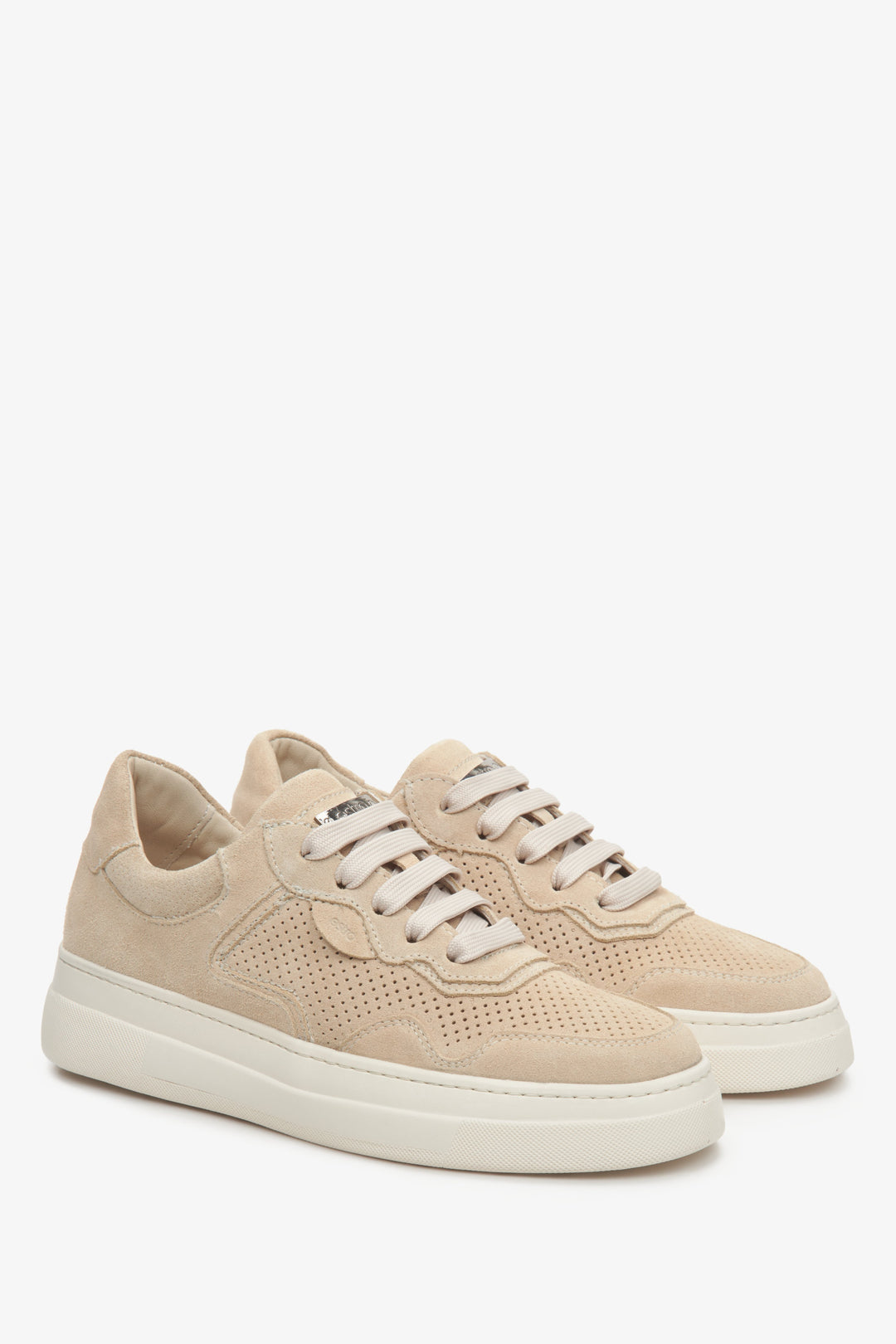 Women's sneakers for summer made of natural suede Estro in light beige color.