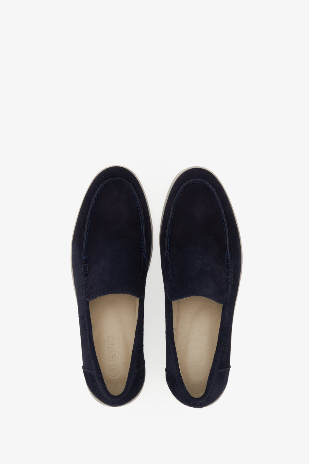 Women's suede moccasins in navy blue Estro - presentation of footwear from above.
