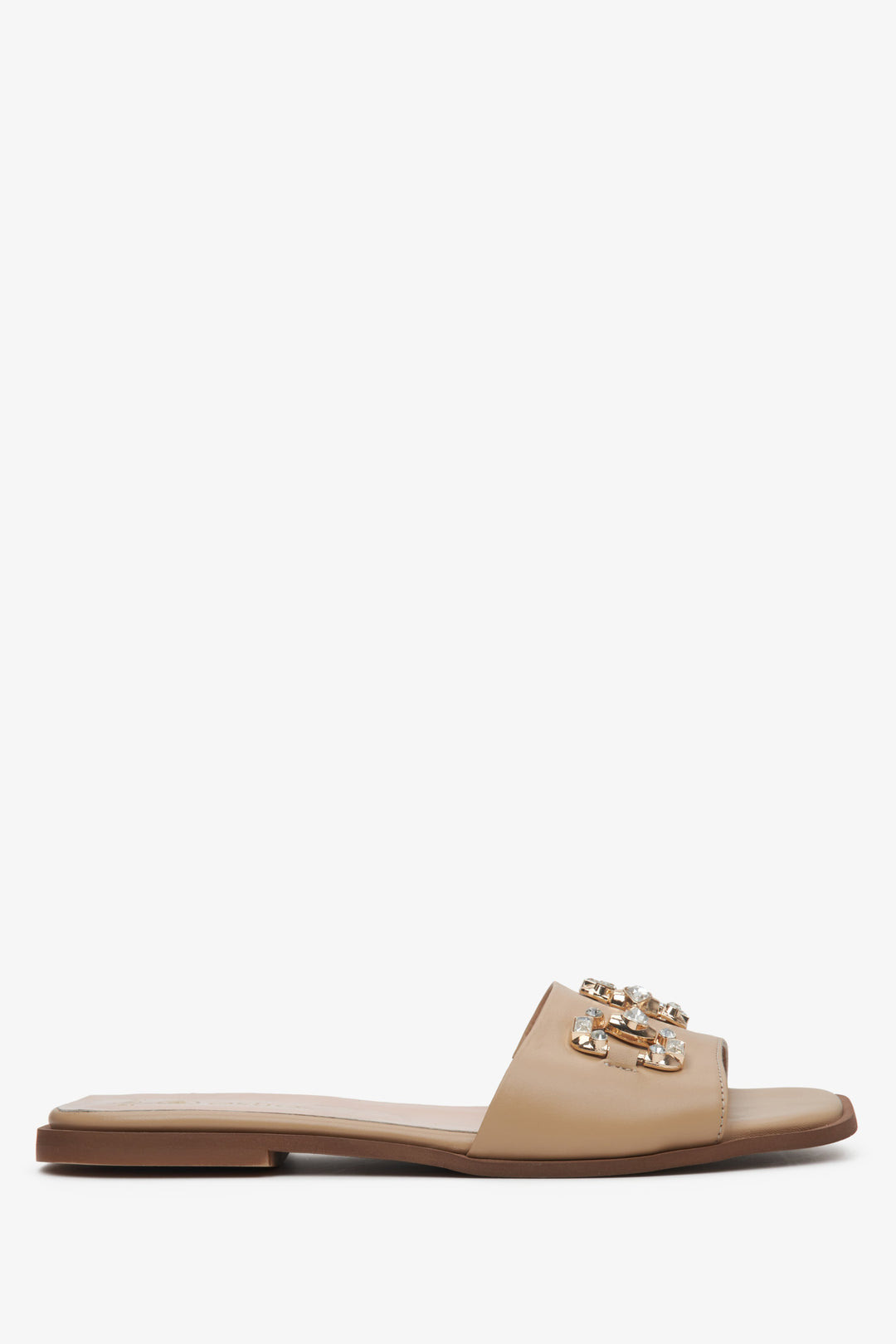 Women's Beige Flat Slide Sandals with Gold Ornament Estro ER00113098