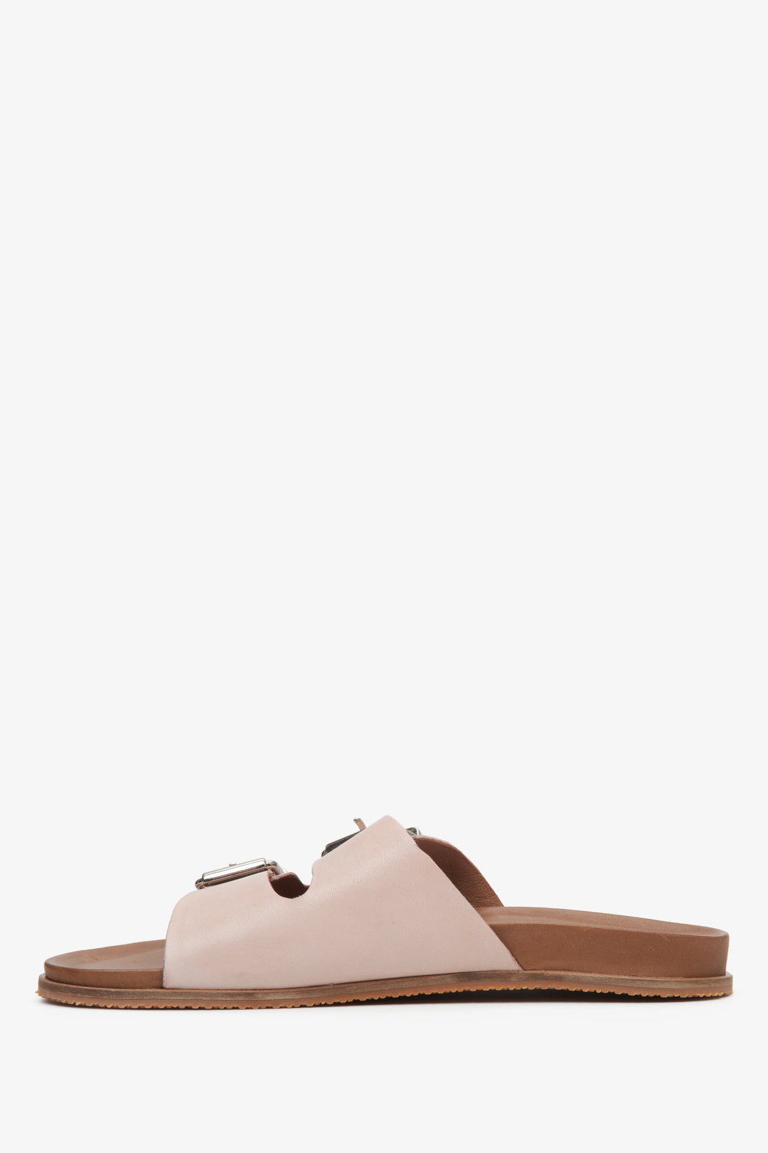 Women's pastel pink leather Estro slide sandals with thick straps - shoe profile.