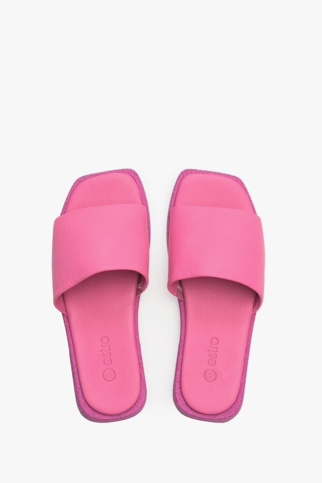 Leather, pink Estro women's flat sandals with a square toe - presentation of the model from above.