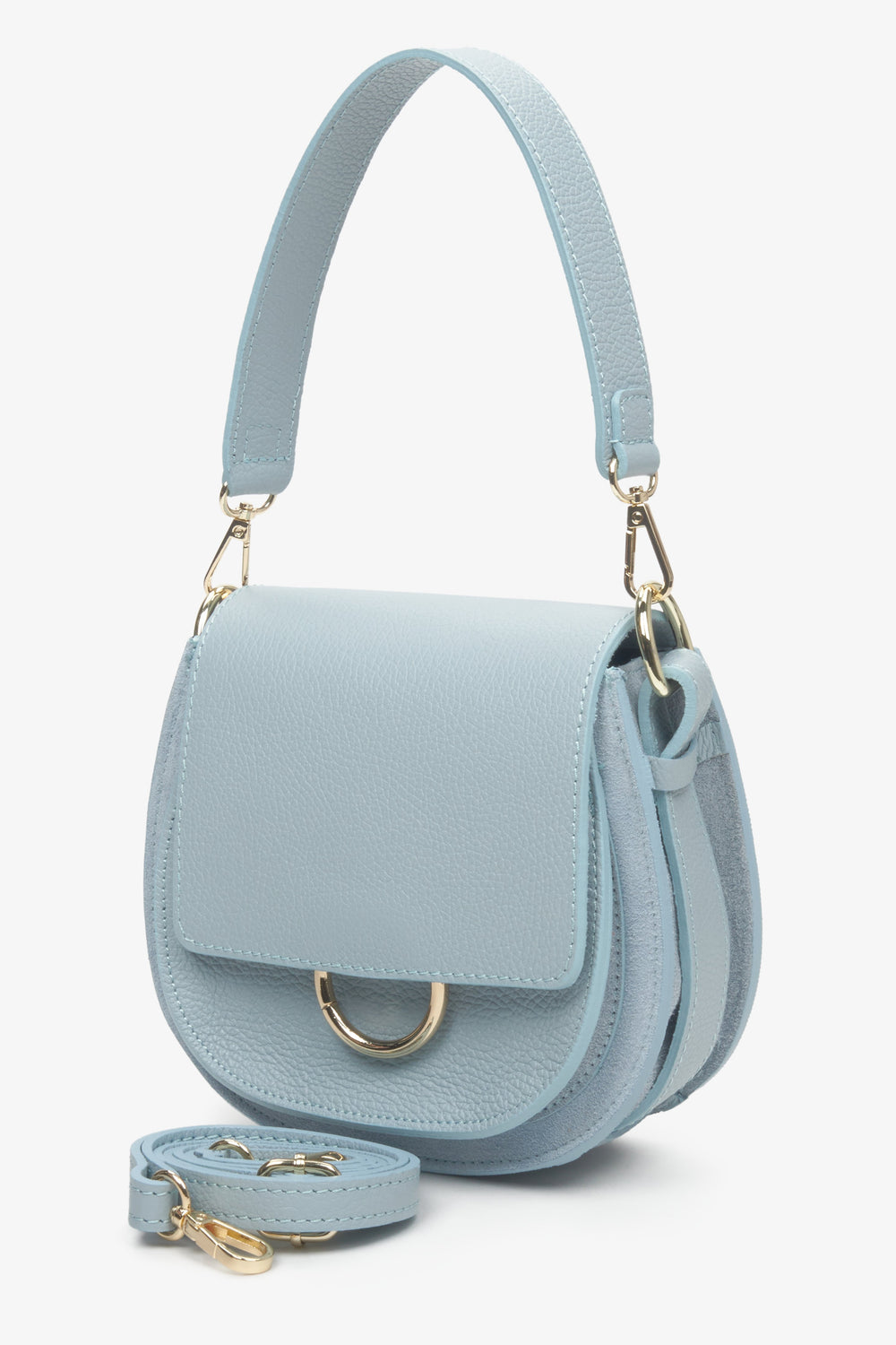Handmade in Italy women's blue leather bag - presentation of the short and long strap.