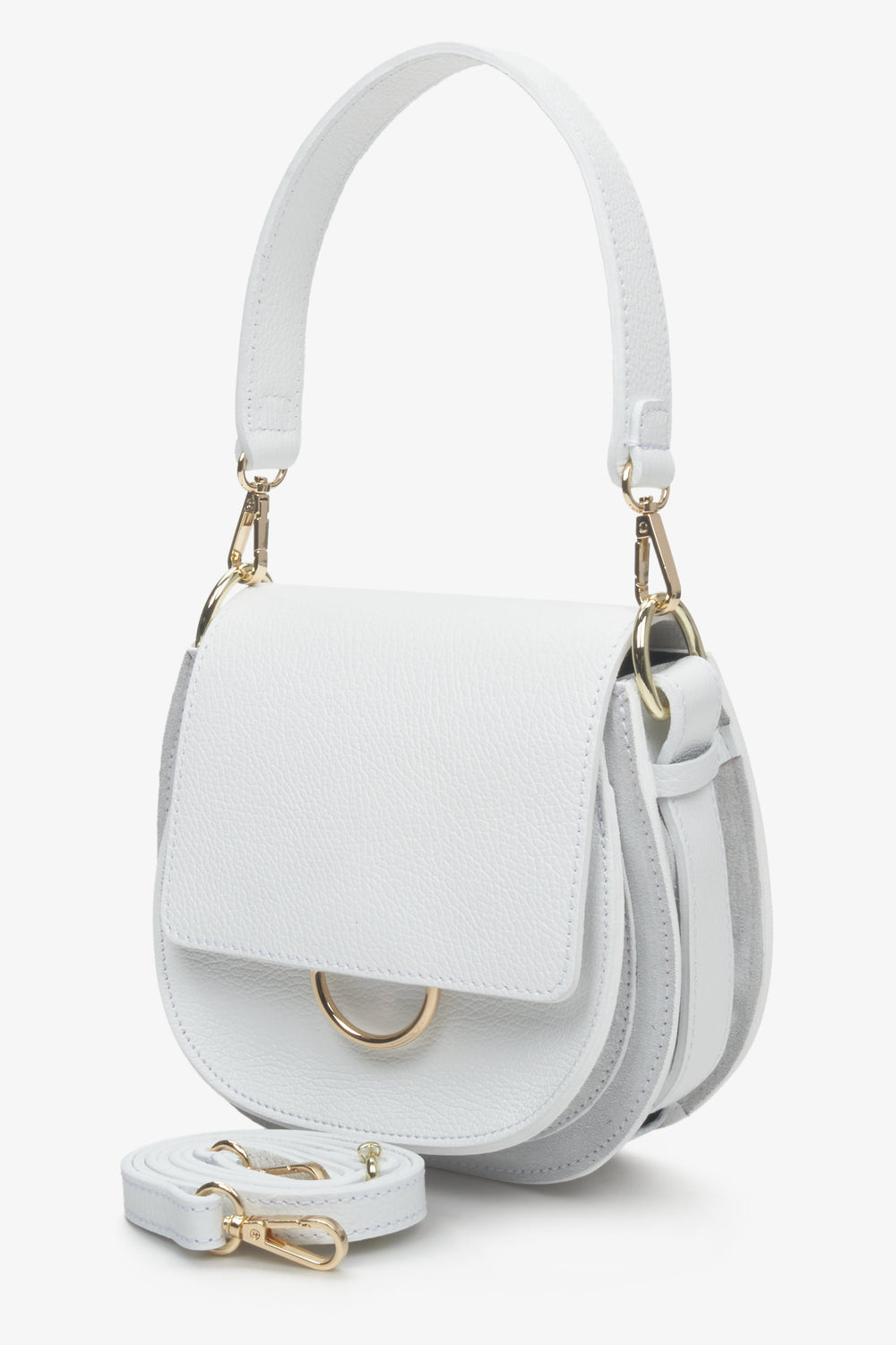 Handmade in Italy women's white leather bag - presentation of the short and long strap.