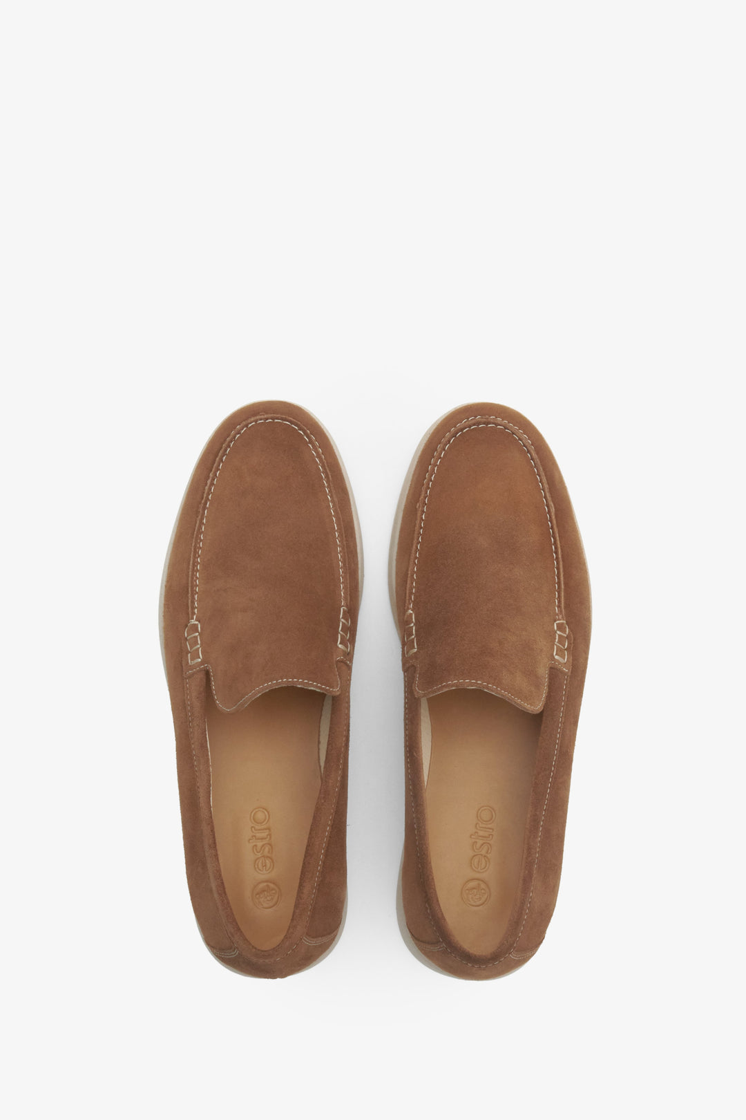 Brown men's moccasins for spring from Estro natural velvet - presentation of footwear from above.