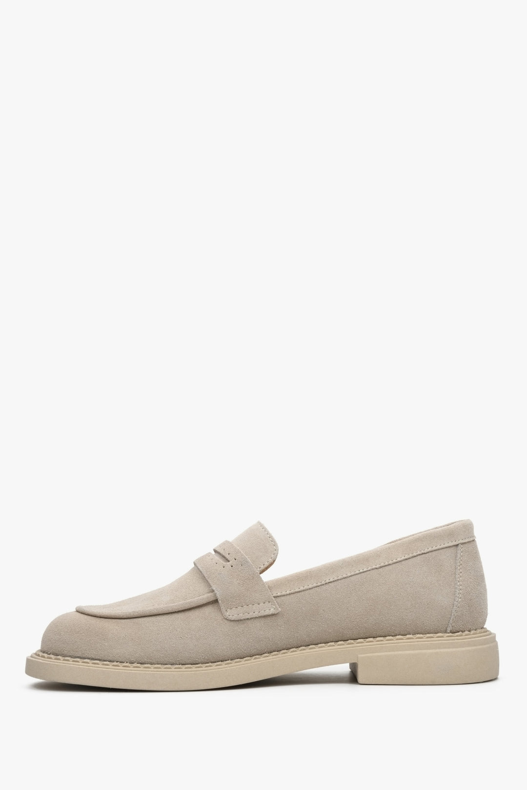 Women's suede loafers in sand beige color by Estro - shoe profile.
