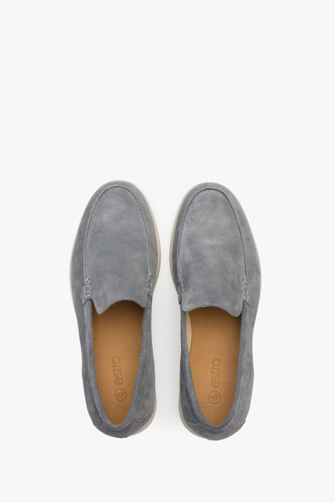 Grey men's loafers for spring from Estro natural velvet - presentation of footwear from above.