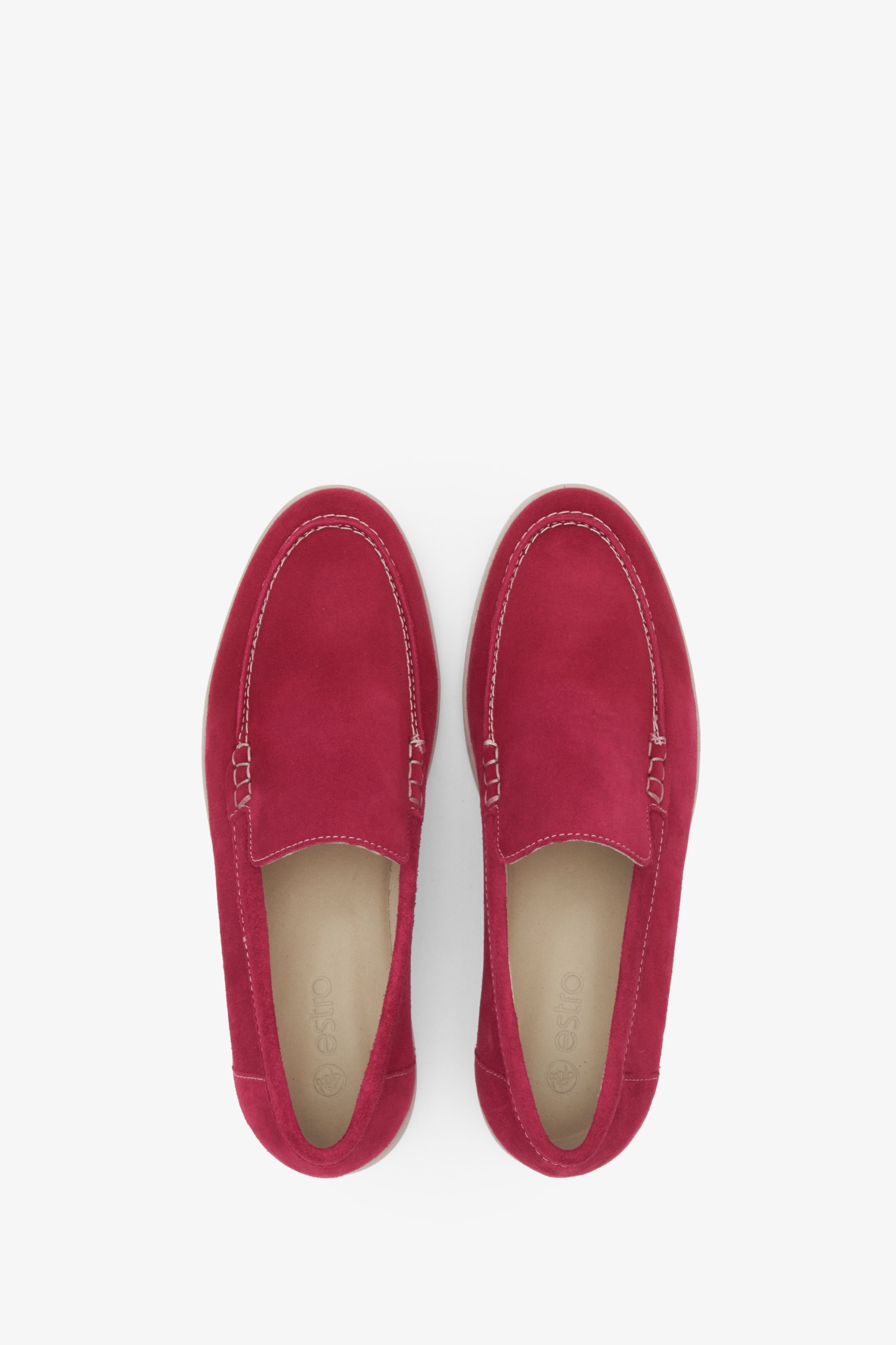 Women's suede moccasins in pink Estro - presentation of footwear from above.