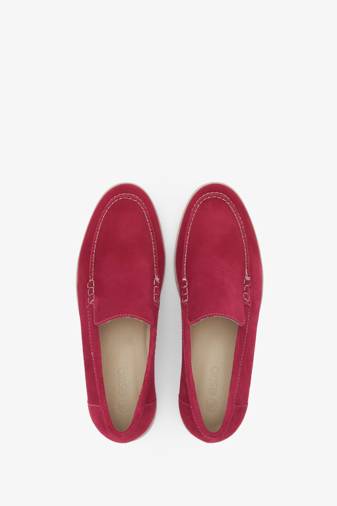 Women's suede moccasins in pink Estro - presentation of footwear from above.