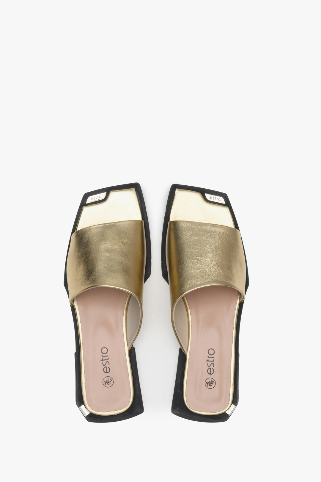 Women's leather mules for summer by Estro in gold color - presentation of shoes from above.