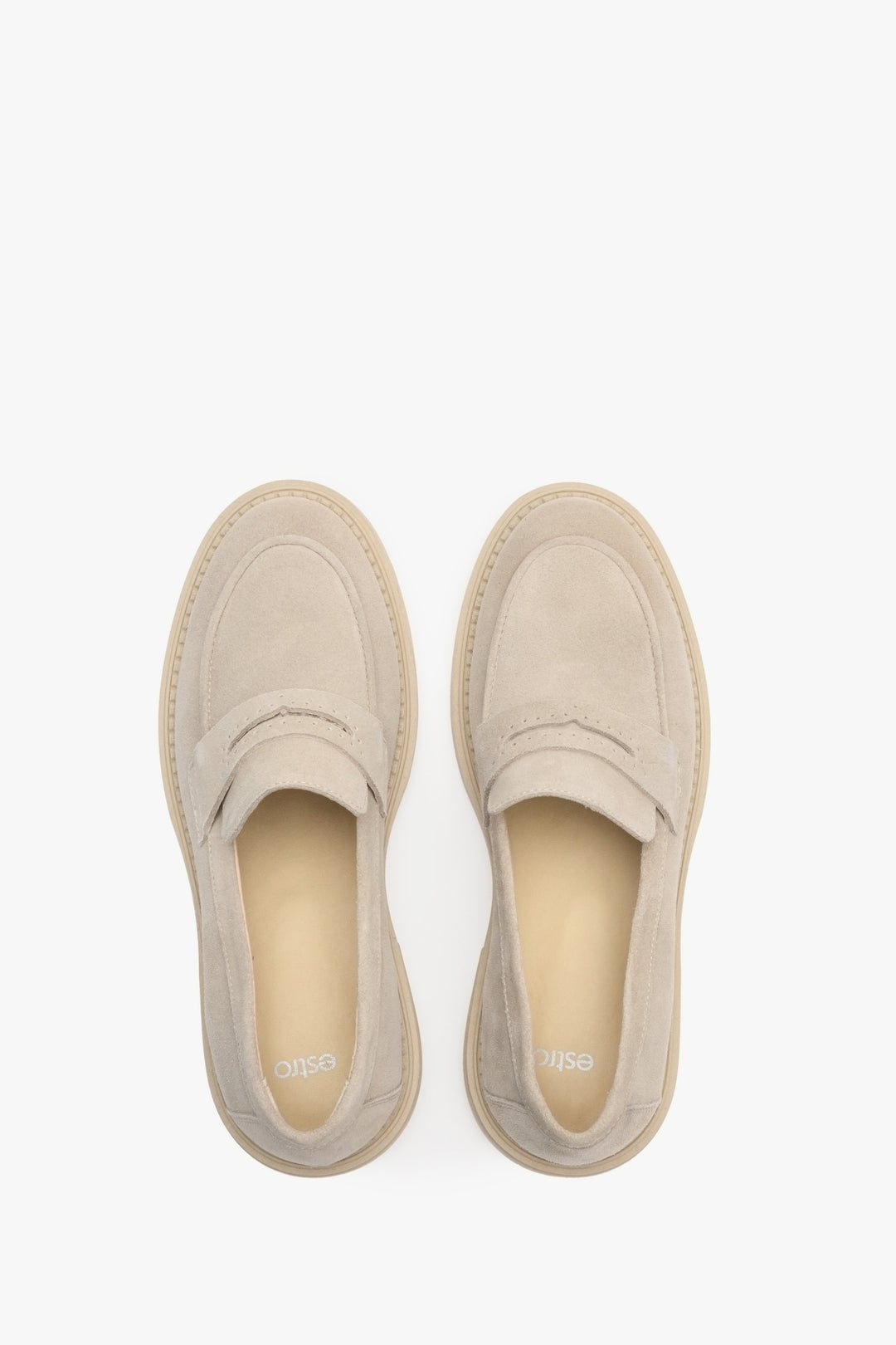 Beige suede loafers for women Estro - presentation of the model from above.
