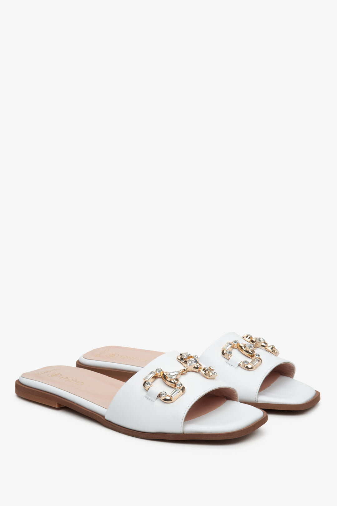 Women's slide sandals in white with gold appliqué in Estro natural leather.