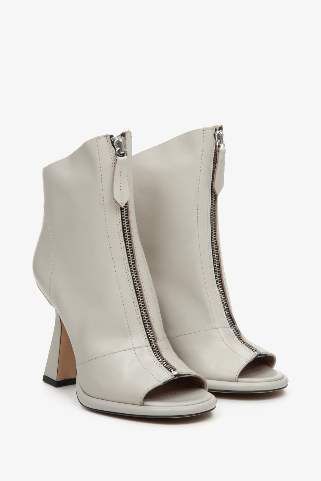 Grey leather Estro women's open-toe ankle boots - close-up of the top of the shoes.