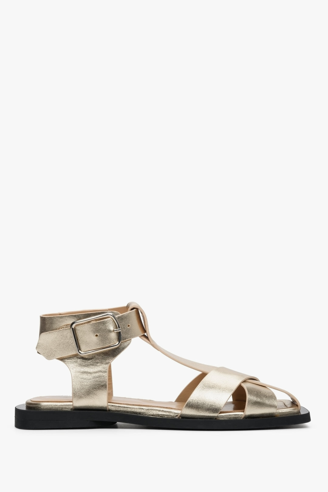 Women's Gold Leather Strapped Flat Sandals Estro ER00112877