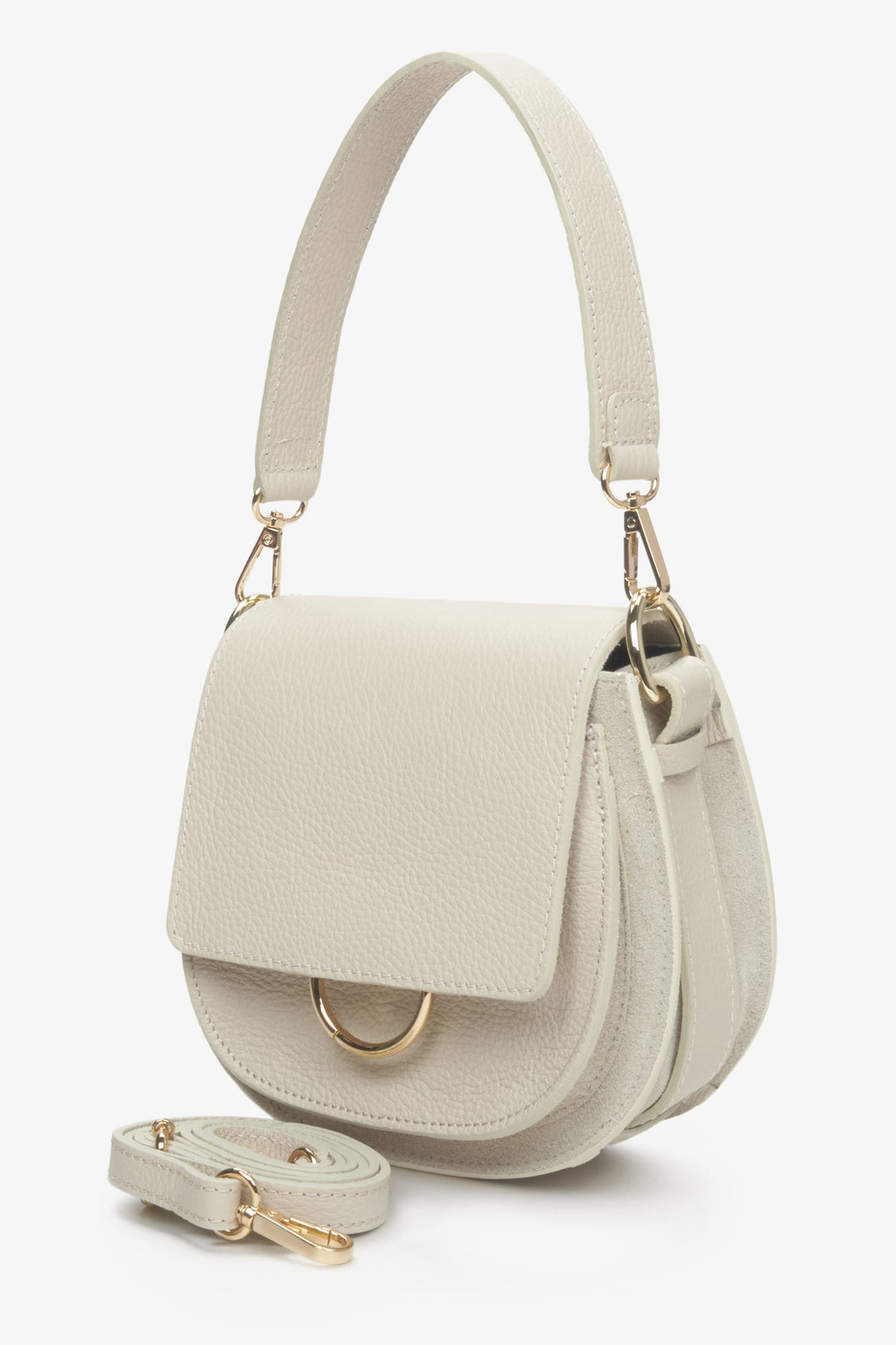 Handmade in Italy women's light beige leather bag - presentation of the short and long strap.