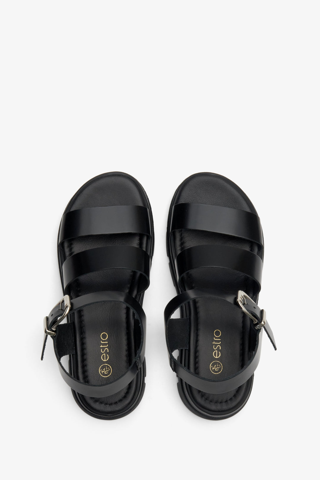 Women's sandals in black in natural leather Estro - presentation of footwear from above.