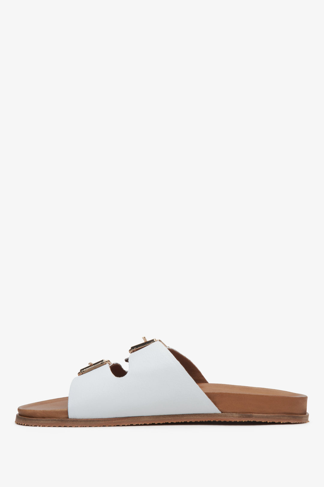 Women's white leather Estro slide sandals with thick straps - shoe profile.