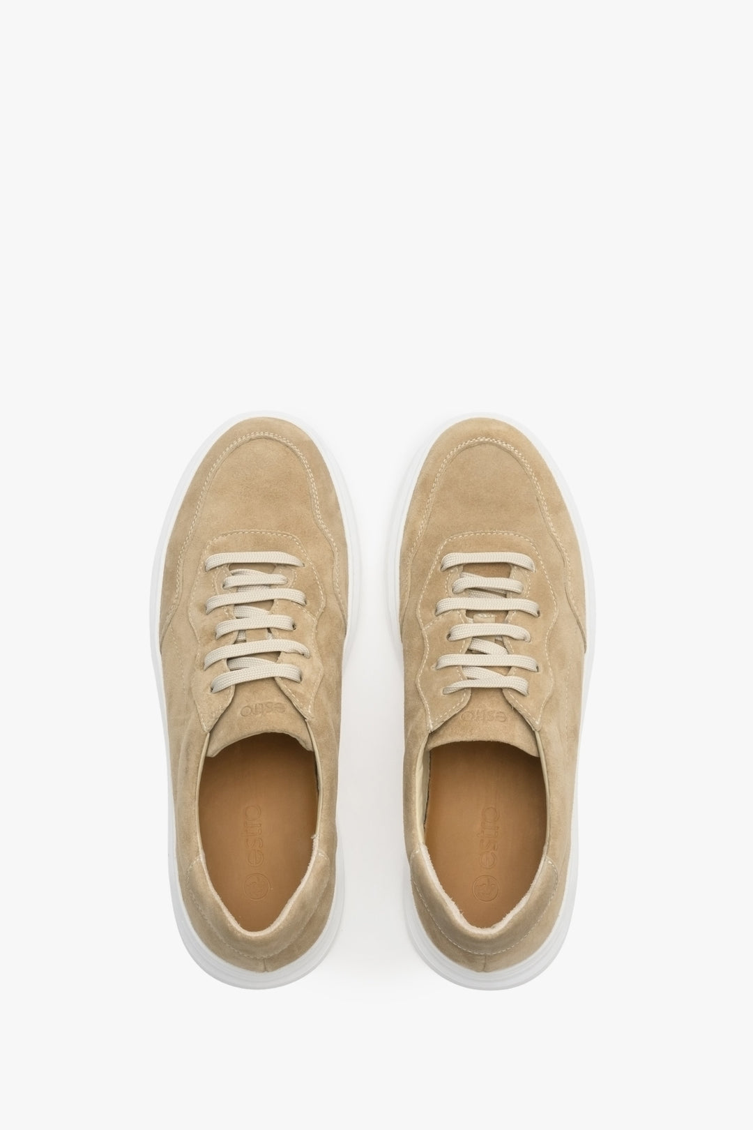 Sand beige velour Estro men's sneakers in with lacing for spring - presentation of the model from above.