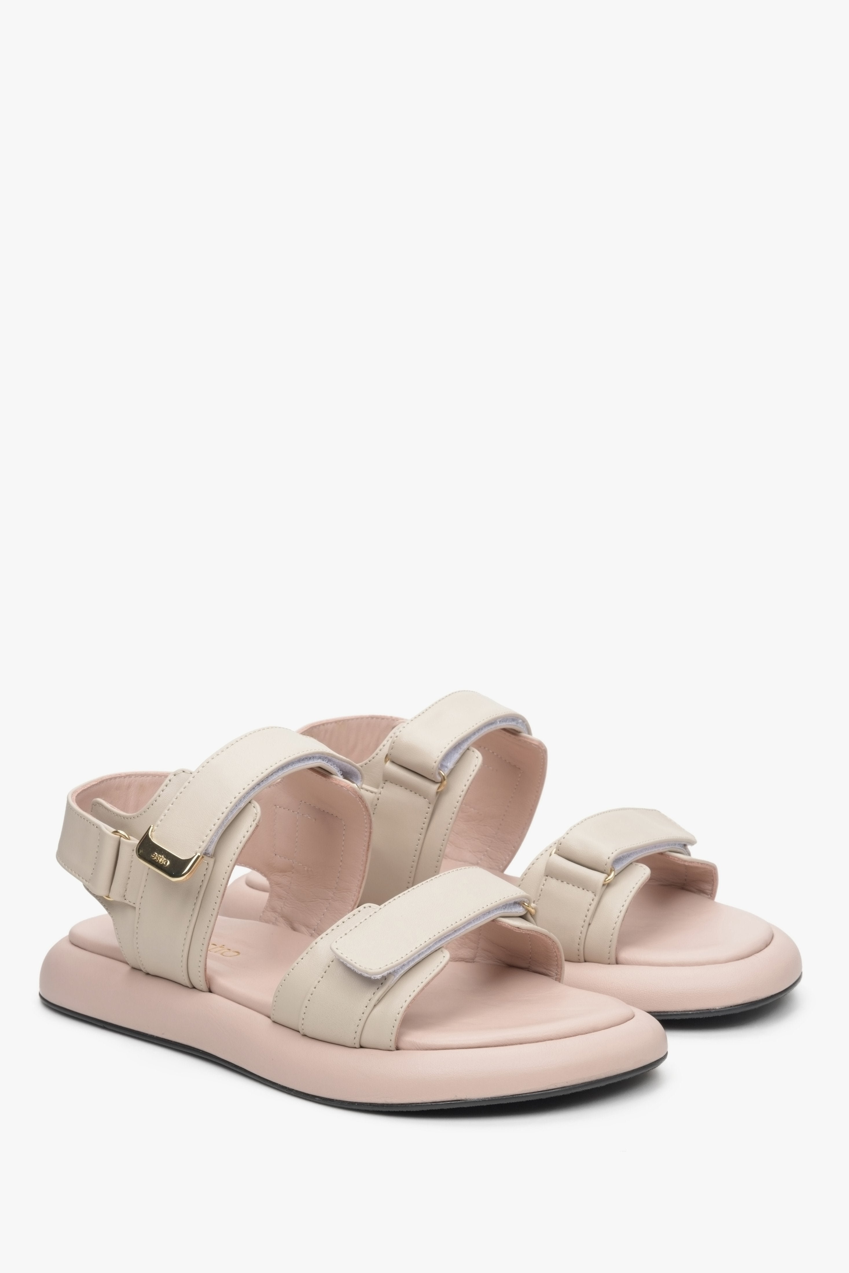 Beige leather women's hook-and-loop sandals by Estro - shoe tip presentation.