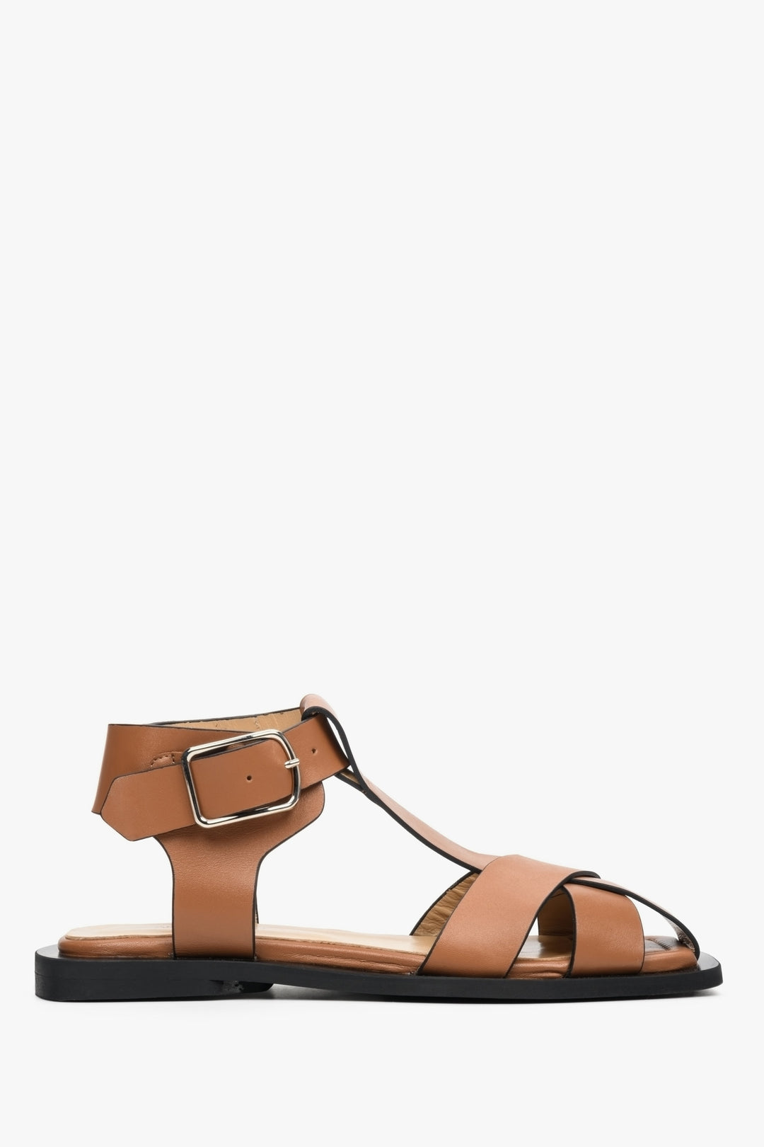 Women's Brown Leather Strapped Flat Sandals Estro ER00112878