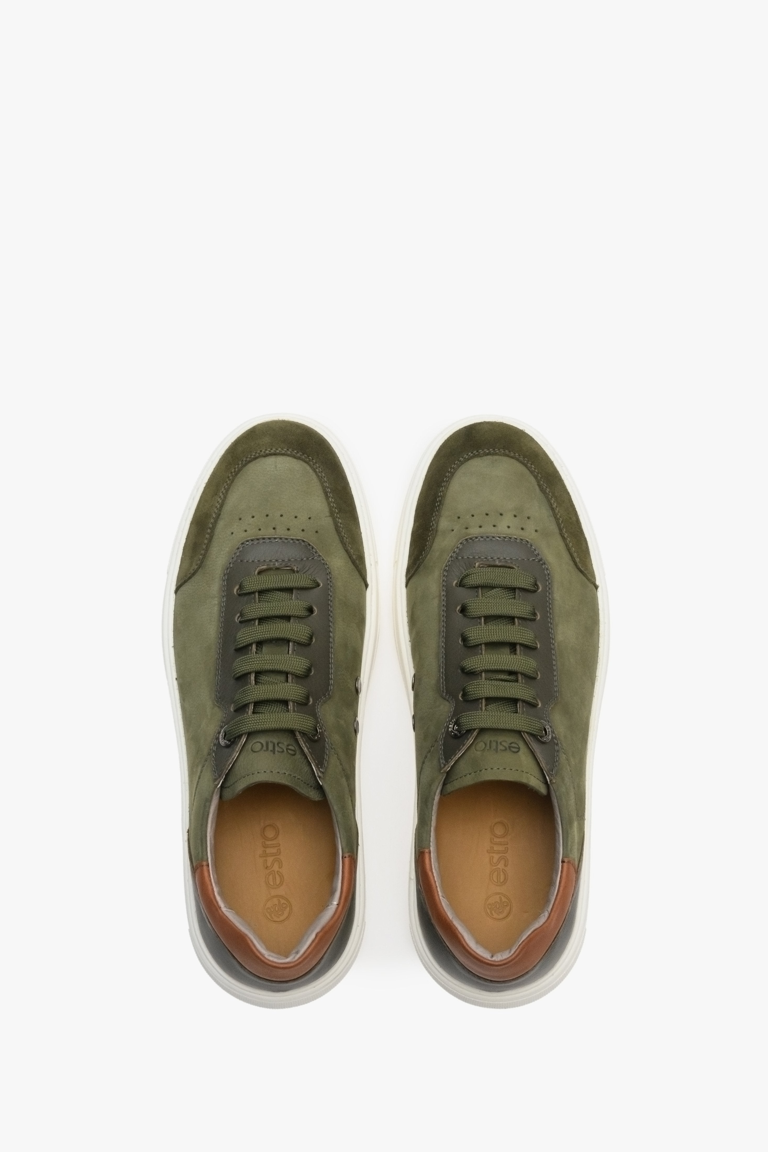 Green-brown and white Estro men's nubuck and natural leather sneakers - shoe presentation from above.