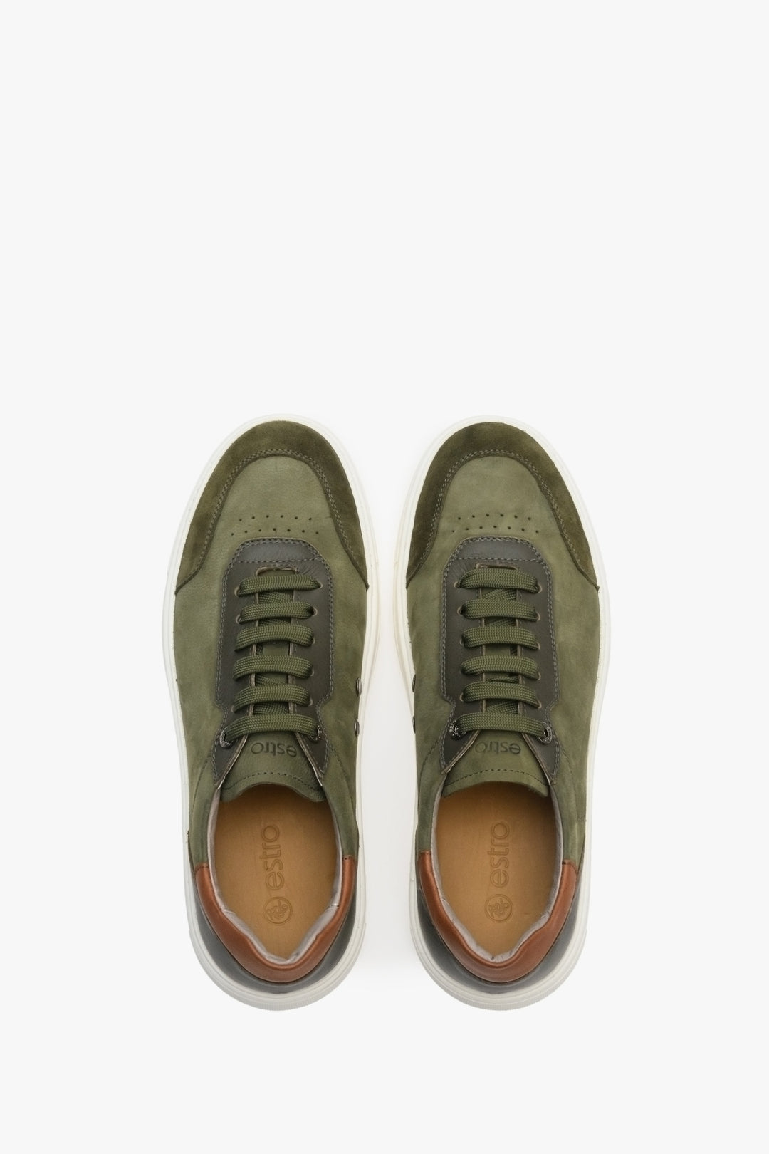 Green-brown and white Estro men's nubuck and natural leather sneakers - shoe presentation from above.