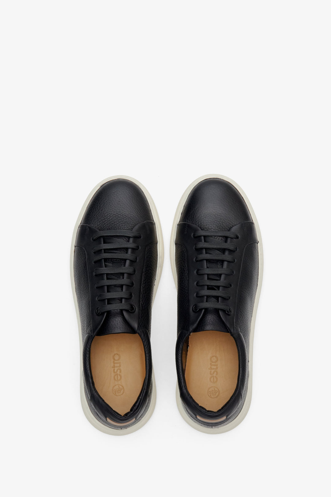 Men's leather black sneakers - footwear presentation from above.