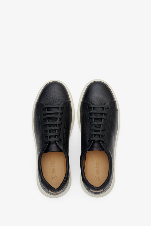 Men's leather black sneakers - footwear presentation from above.