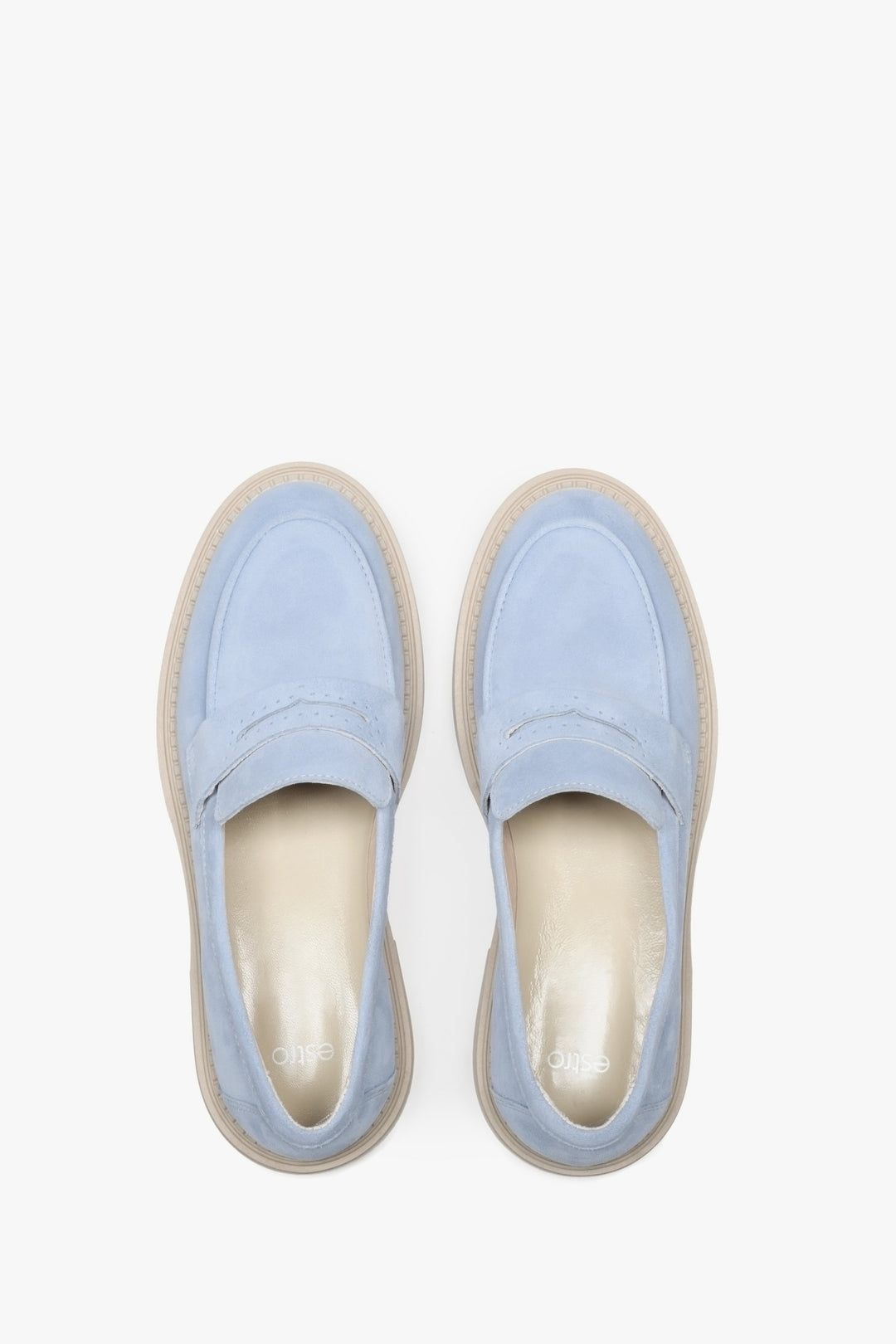 Light blue suede loafers for women Estro - presentation of the model from above.