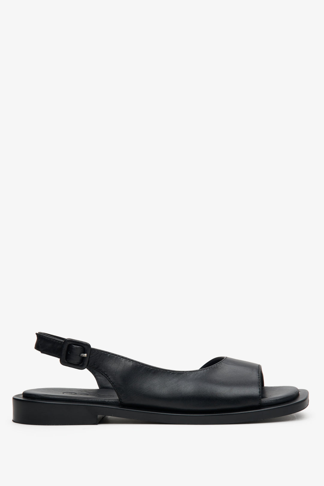 Women's black Estro leather sandals with open heel and hem.