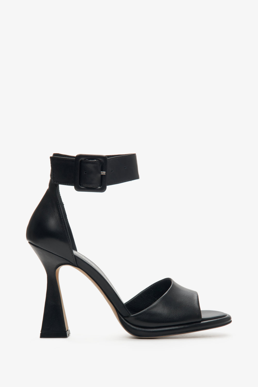 Black Heeled Ankle-Strap Leather Sandals Estro ER00112989