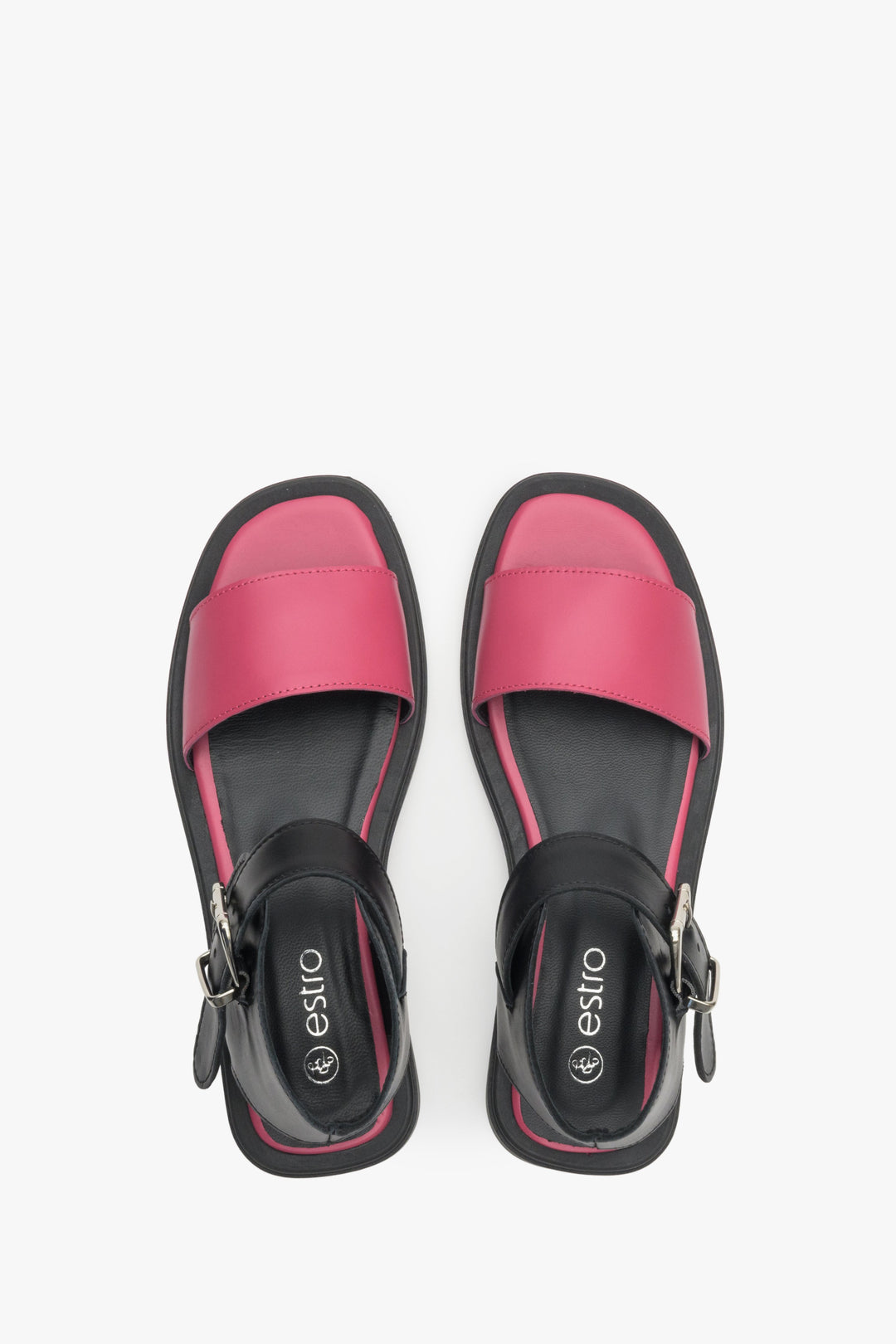 Soft sandals for women made of Italian natural leather in black and pink Estro: presentation of the model from above.