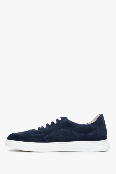 Men's sneakers made of natural velour in navy blue color, laced.