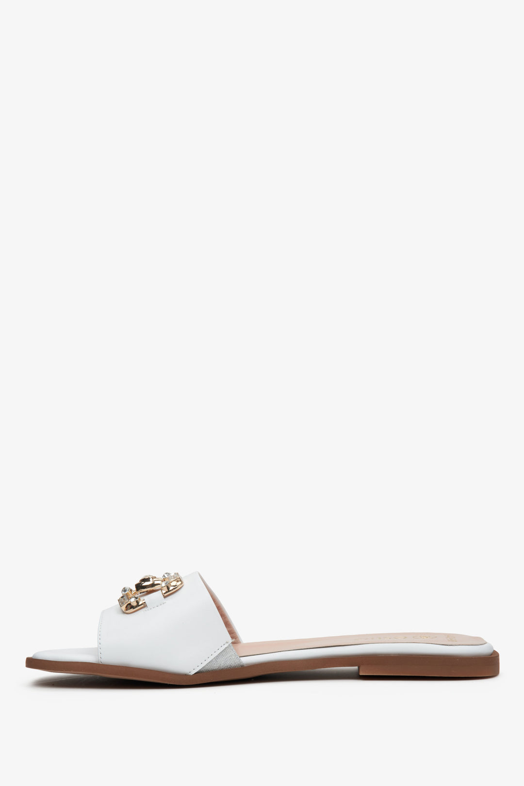 Elegant women's slide sandals in Italian natural leather Estro with gold applique, white