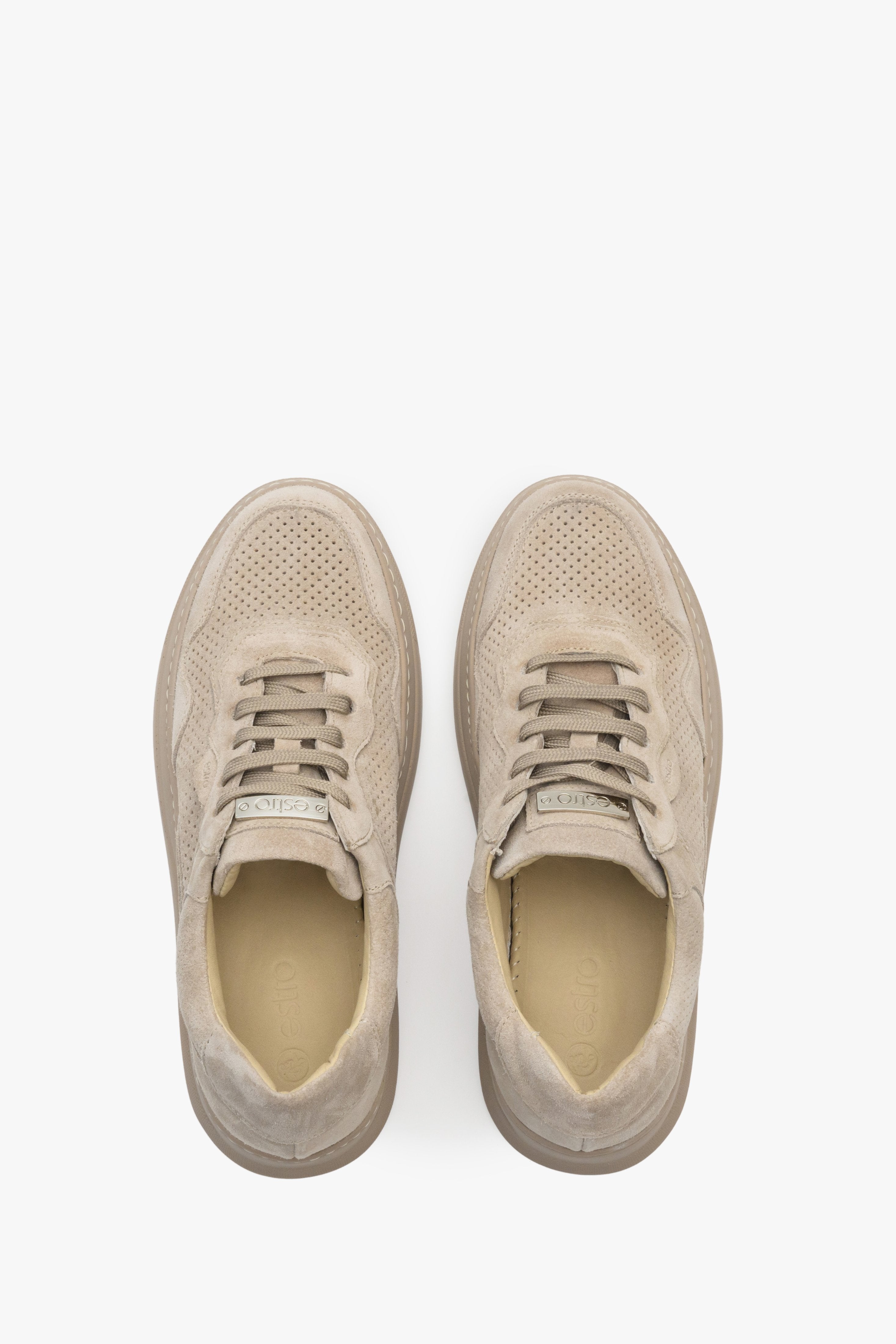 Beige Estro women's natural suede sneakers for summer - shoe presentation from above.