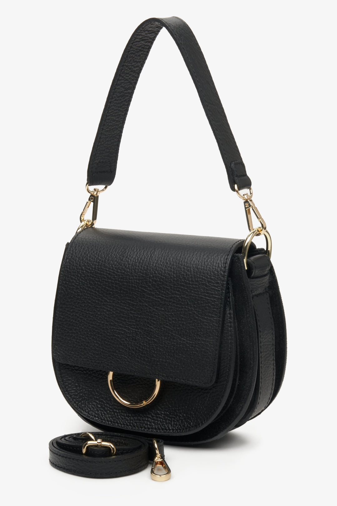 Handmade in Italy women's black leather bag - presentation of the short and long strap.