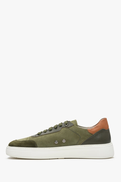 Spring sneakers for men made of nubuck and natural leather in green-brown color.